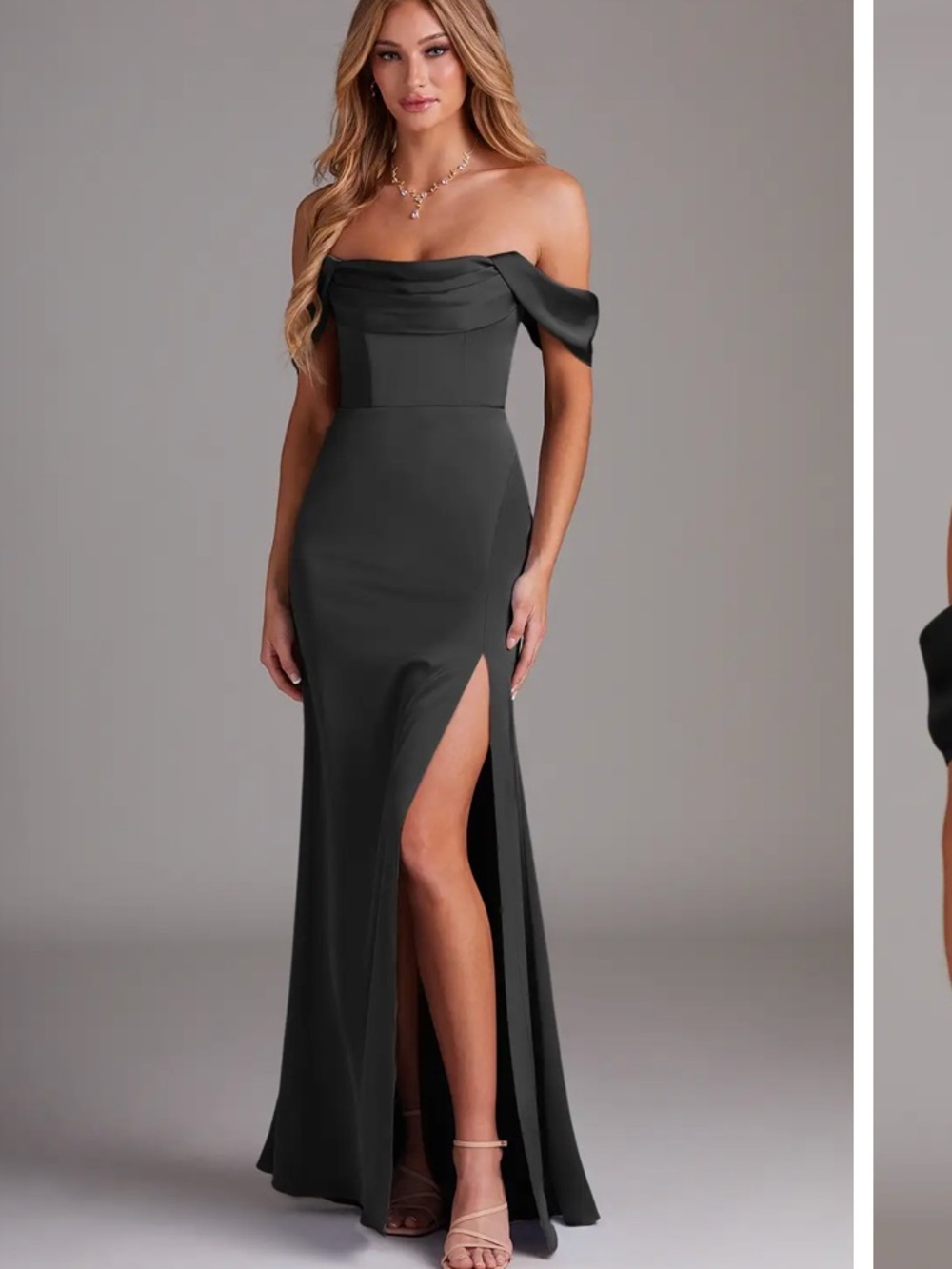 Azazie Saige Black Off-Shoulder Satin Gown with Thigh Slit
